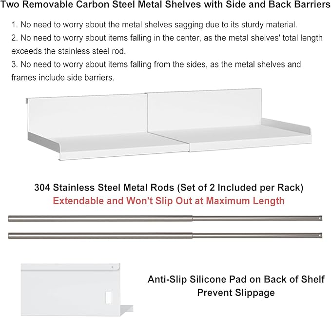 SHINEWON Expandable Under Cabinet Shelf Organizer with 0.94-Inch Thick Clips, Heavy Duty Extendable Under Shelf Storage Basket for Pantry or Laundry Room, White, 2 Pack, Interior: 4.13" H x 7.2" D