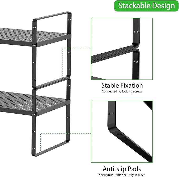 SOFRON Expandable Cabinet Storage Shelf Stackable Organizer Rack for Kitchen Bathroom Pantry Spice Cupboard Coffee Countertop Home Office Desk Heavy Duty Nonslip Black Large 1 PACK