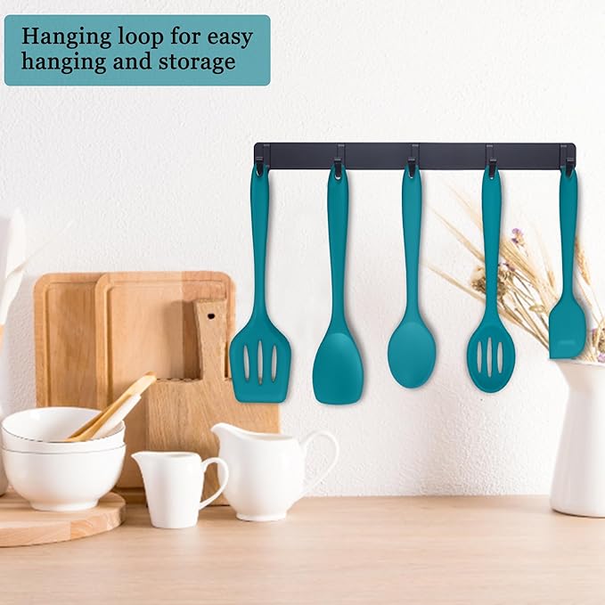 E-far Silicone Cooking Utensils Set, 24Pcs Heat Resistant Kitchen Utensil with Holder, Silicone Kitchen Tools with Spatula Turner Spoon Tongs Whisk, Non-Toxic & Dishwasher Safe (Blue)