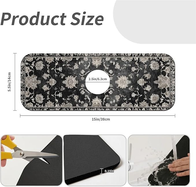 Kitchen Sink Splash Guard，Beige floral Faucet Mat Sink Gadgets-Super Absorbent Fast Drying Mat Drip Catcher for Kitchen, Bathroom,Sink Mat, Dish Drying Mat, Bathroom(15" X 5.5" )