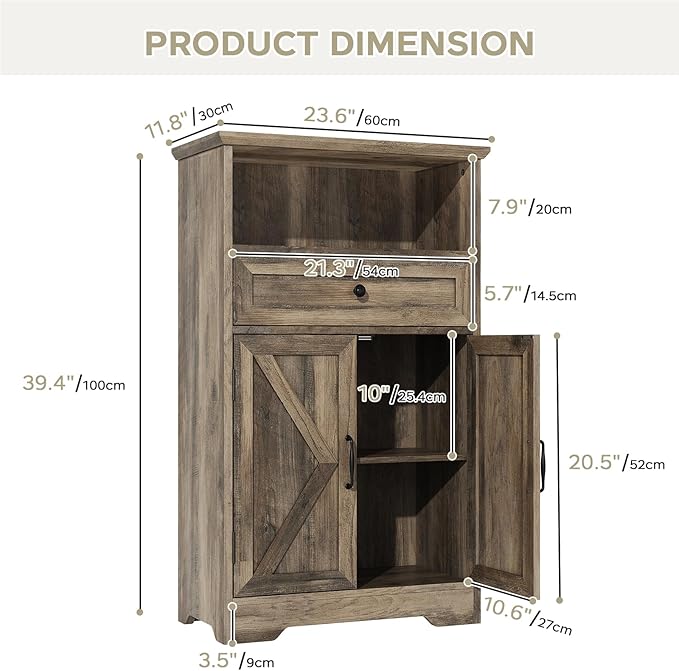 Viroformo Floor Cabinet, Farmhouse Storage Cabinet with Barn Doors and Drawer, 11.81" D x 23.62" W x 39.37" H Grey Freestanding Adjustable Shelf Organizer for Bathroom, Kitchen, Living Room