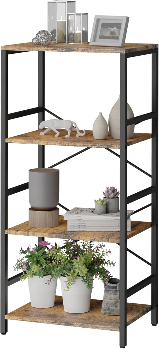 Whitmor 4 Tier Bookshelf - Small Book Shelf Industrial Bookcase, Metal Book Case Book Storage Organizer for CD/Movie/Book, Bookshelves for Bedroom Office Living Room Berry Brown