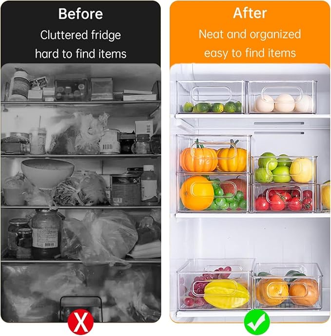 7 Pack Refrigerator Organizer Bins, 4 Sizes Stackable Clear Pantry Storage Bins with Handles for Fridge, Freezer, Shelves, Drawer, Bins, Snack Organizer for Home & Kitchen