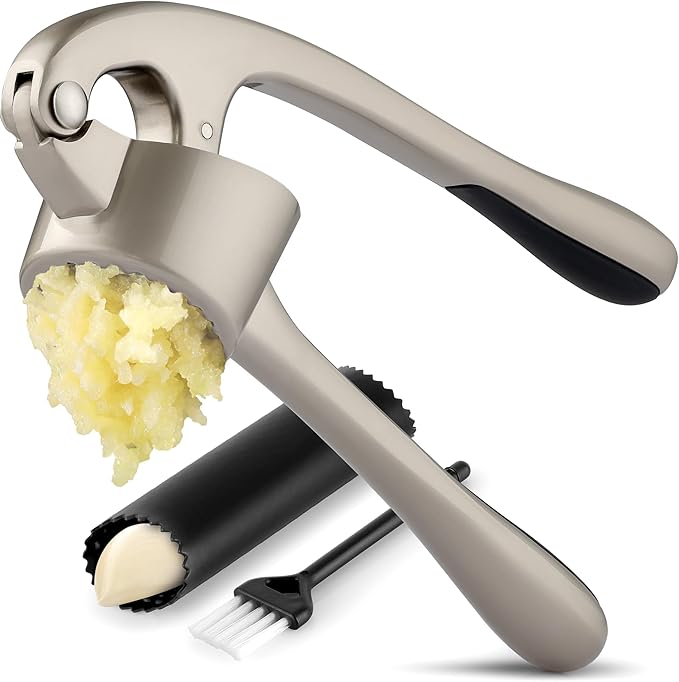 Zulay Kitchen Large Premium Garlic Press Set - Bigger Bowl for Bigger Garlic - Rust Proof Garlic Mincer Tool - Easy-Squeeze, Easy-Clean Silicone Garlic Peeler & Brush (Silver)