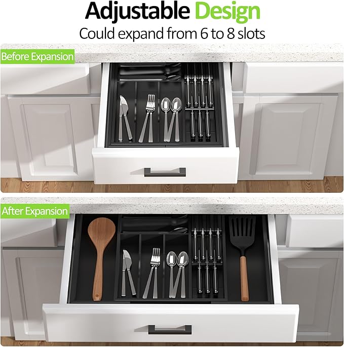 Thalomely Bamboo Kitchen Drawer Organizer, Expandable Silverware Organizer with Removable Knife Block, 6-8 Slots- Utensil Holder & Cutlery Tray Drawer Dividers, 2.36" Deep for Extra Capacity, Black