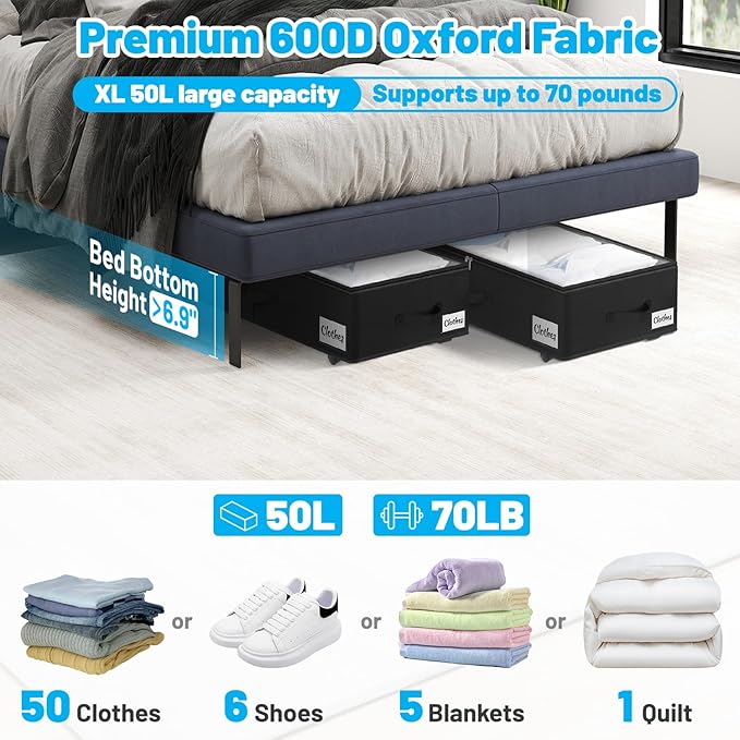 Under Bed Storage with Wheels, 2-Pack 6.7" Height XL 50L Rolling Storage Bins, Quick Assembly Underbed Shoe Storage Containers with Clear Lid & Label, Dorm Under bed Drawers for Clothes, Shoes, Black