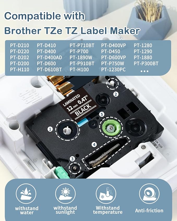 MarkDomain TZe-335 Black Tape Replacement for Brother Label Maker Tape 12mm 0.47" White on Black Laminated Label Tape Compatible with Brother P-Touch PTD220 PTD210 PTH110 PT-2040, 5-Pack