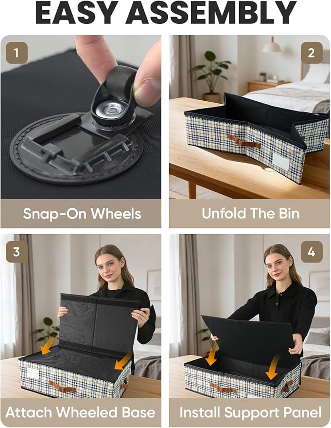 TOSKING Under Bed Storage with Wheels 2 Pack, Adjustable Height 7.9"-10.2", 6 Vacuum Bags, 900D Oxford Rolling Underbed Bins, Heavy Duty Drawer Organizer, Organizer for Clothes, Shoes, Houndstooth