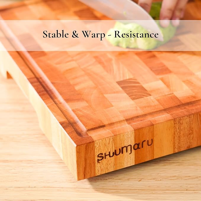 SHUMARU Mahogany End-Grain Wood Cutting Board – 16.5x12.6x1.6" Butcher Block | Handmade in Bali - Silky-Smooth, Juice Groove, Knife‑Friendly, Ergonomic Grips & Non‑Slip Feet