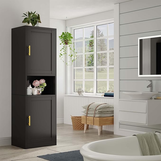 pozdeg 67" Tall Narrow Storage Cabinet Metal Bathroom Cabinet with 2 Doors & 4 Adjustable Shelves, Standing Pantry Cabinets Cupboard for Kitchen, Dining Room, Living Room and Bathroom (Black)