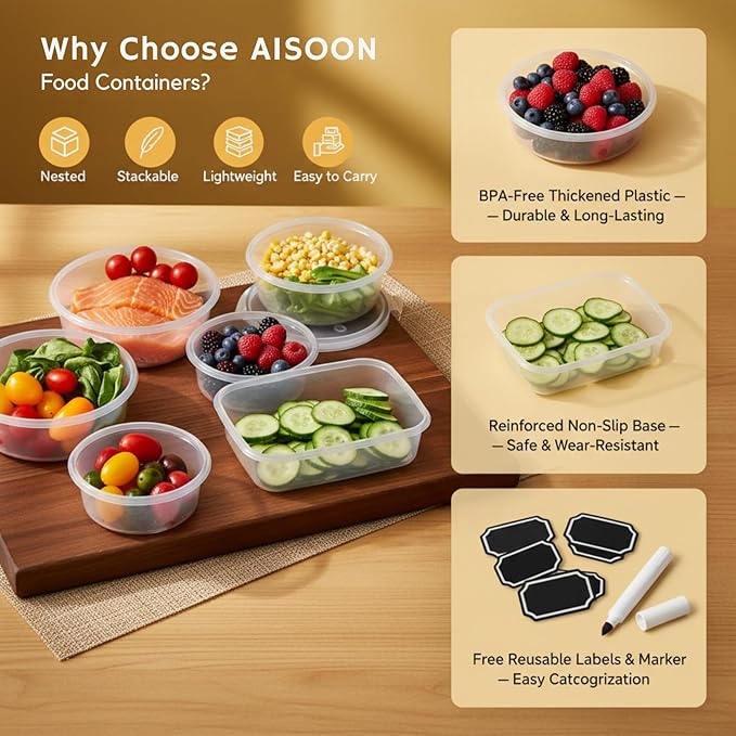 AISOON 40 Pcs 85oz Large Food Storage Containers with Lids, Reusable Meal Prep Containers for Kitchen Storage, Airtight Leakproof & BPA-Free Freezer, Microwave & Dishwasher Safe
