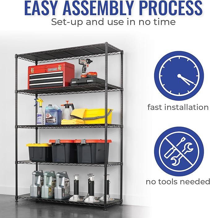 SafeRacks - NSF Certified Storage Shelves, Zinc, Heavy Duty Steel Wire Unit with Adjustable Feet, Garage or Bakers Rack, Kitchen, Pantry Shelf - (48"x18"x72" 5-Tier) (Black)