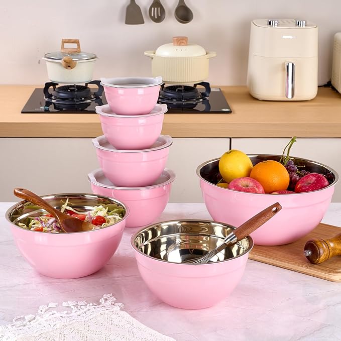 LKTDYMEG Pink Mixing Bowls with Lids Set of 7, Stainless Steel Nesting Bowl with Khaki Lid for Non-slip Mixing Prepping Storing Serving, 7 Sizes-7/3.6/2.7/2.1/1.5/1/0.8 QT