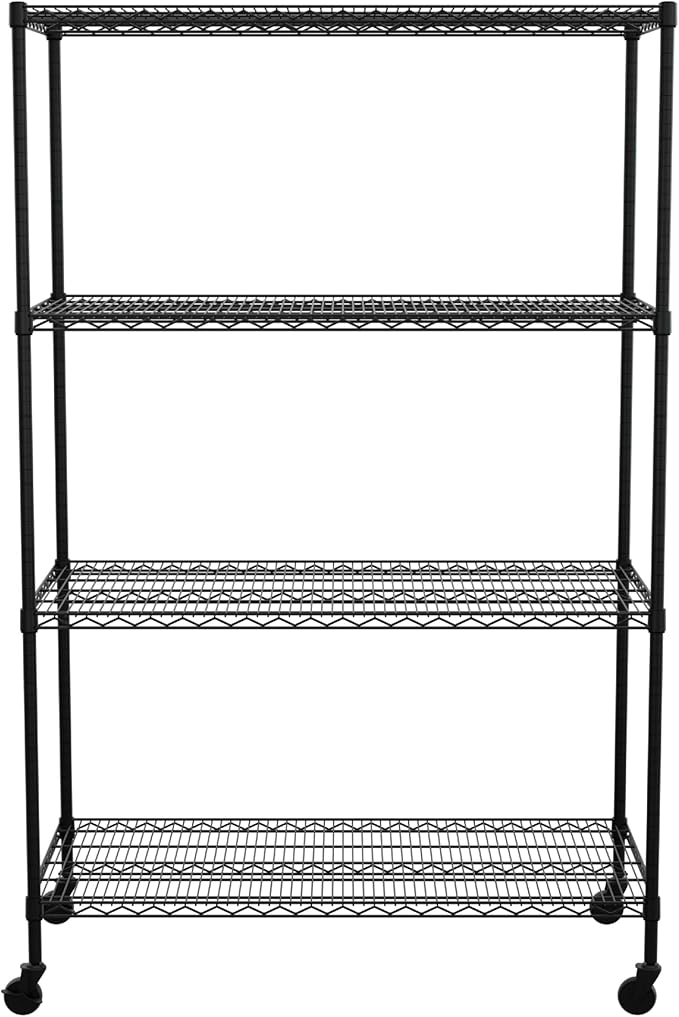 SafeRacks - NSF Certified Storage Shelves, Zinc, Heavy Duty Steel Wire Unit with Wheels and Adjustable Feet, Garage or Bakers Rack, Kitchen, Pantry Shelf - (24"x48"x72" 4-Tier) (Black)