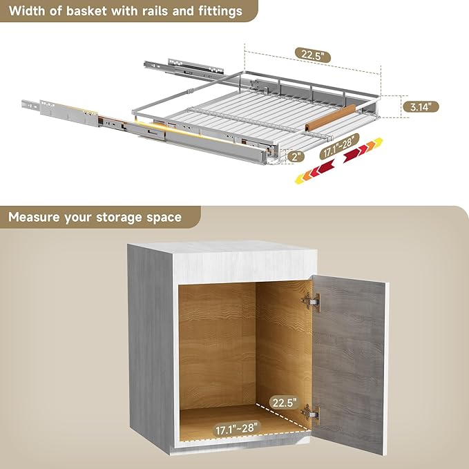 taiheis 1 Pack Expandable Pull Out Cabinet Organizer，Side Mounting 17.1~28"x22.5"Cabinet Pull Out Shelves, Expandable Slide Out Spice Rack for Cabinet for Kitchen Bathroom Office