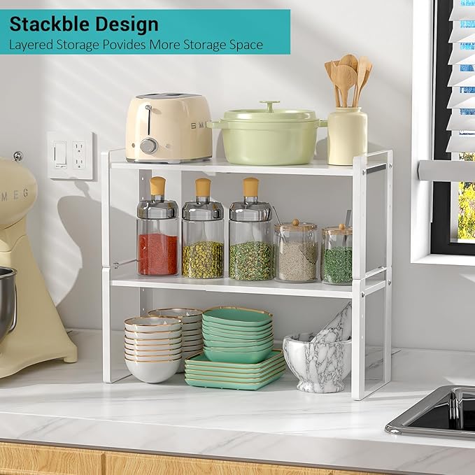 Astrorhine 2 Pack Expandable Cabinet Organizer Shelves, 88lbs High Weight Capacity, Stackable Heavy-Duty Metal Storage Rack, Adjustable Cabinet Shelf for Kitchen, Pantry, Cupboard, Under Sink, White