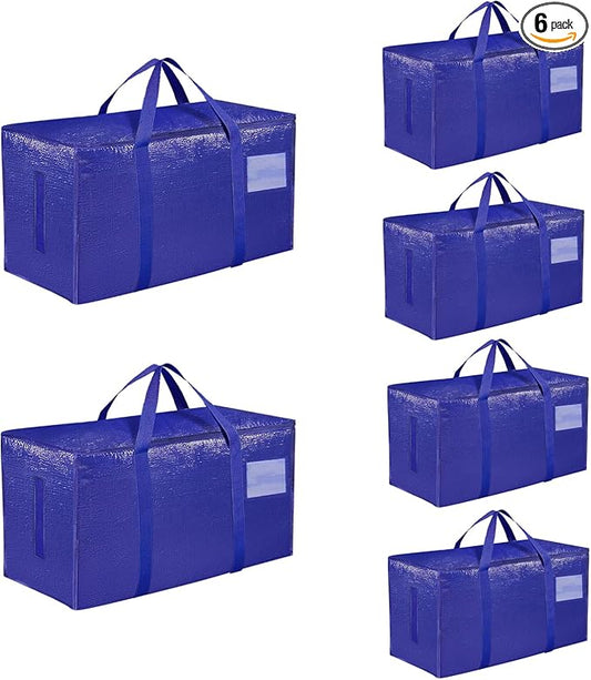 6 Pack-Extra Large Heavy Duty Moving Bags - Waterproof Storage Totes with Handles & Zippers, Foldable for College Dorm, Storage (Blue)
