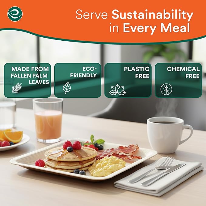 ECO SOUL Palm Leaf Plates 8"(100 Count) Square Compostable Bamboo Plates Heavy- Duty, Biodegradable Eco-Friendly Dinnerware for Party Dinner, Wedding, Holiday & Event