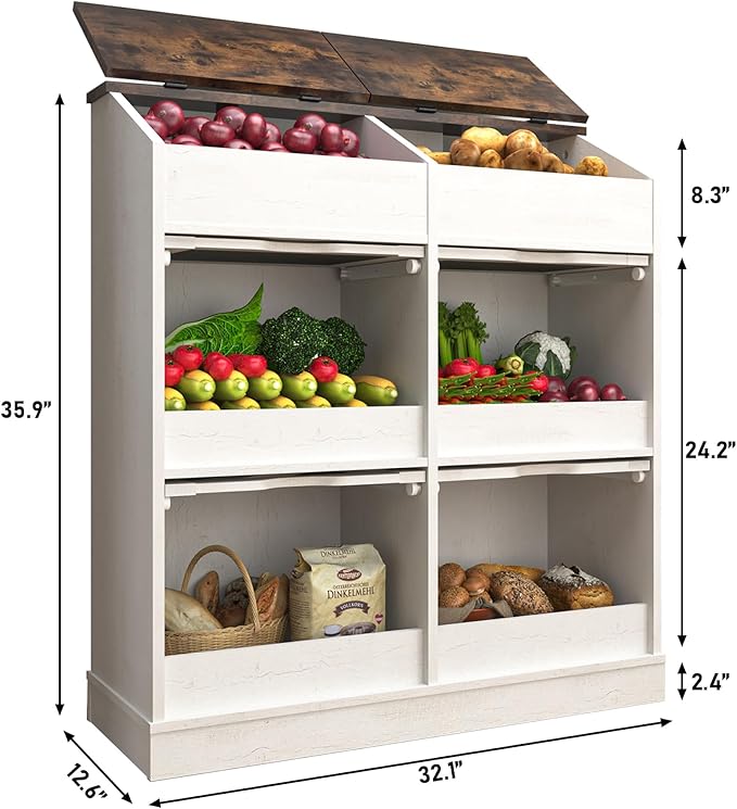 Potato Storage Bin Bread Box with Lid,Rustic Onion&Fruit Organizer with Wood Hidden Door,Farmhouse Grocery Section Decorative,Vegetable Organization Cabinet W/Mesh Door for Kitchen Dining Room(White)