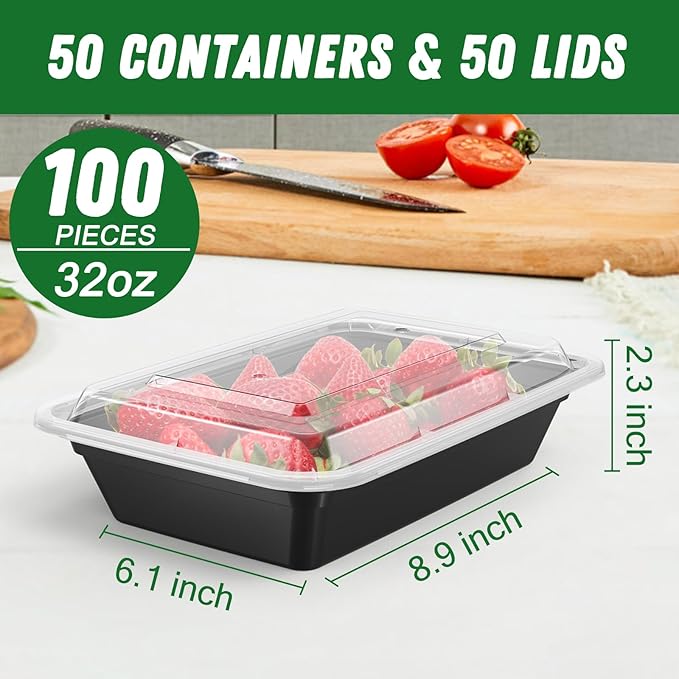 Dealusy 50 Pack (100-Piece) 32 oz Meal Prep Containers Reusable with Lids, Sturdy Leakproof & Food Safe, Microwave, Freezer, Dishwasher Safe Prep Containers, To Go Take Out Plastic Food Storage