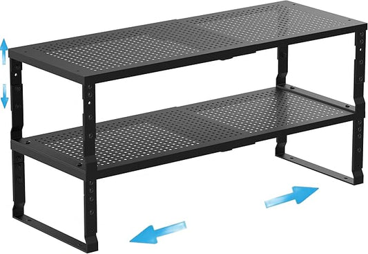 Wobmmi Expandable Spice Rack Kitchen Cabinet Shelf Organizer, Stackable Storage Shelves Racks, Adjustable Counter Shelving for Cabinets, Countertop, Cupboard,Pantry and More(2Packs/Black/Medium)