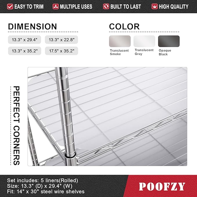Poofzy Wire Shelf Liner 14" X 36", Non-Adhesive Plastic Shelf Liners for Wire Shelving, Waterproof Protector Mats (4PK, Clear)
