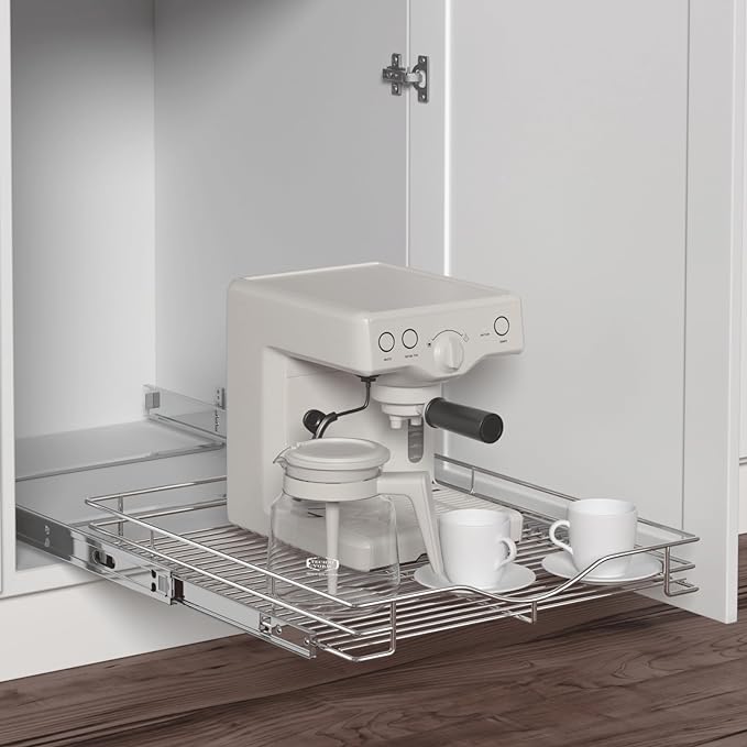 DINDON 1 Tier Pull Out Cabinet Organizer (14" W x 18" D) Heavy-Duty Metal Sliding Drawer Shelf, Slide Out Wire Basket for Kitchen Cabinets, Pantry, Bathroom, Chrome Finish…