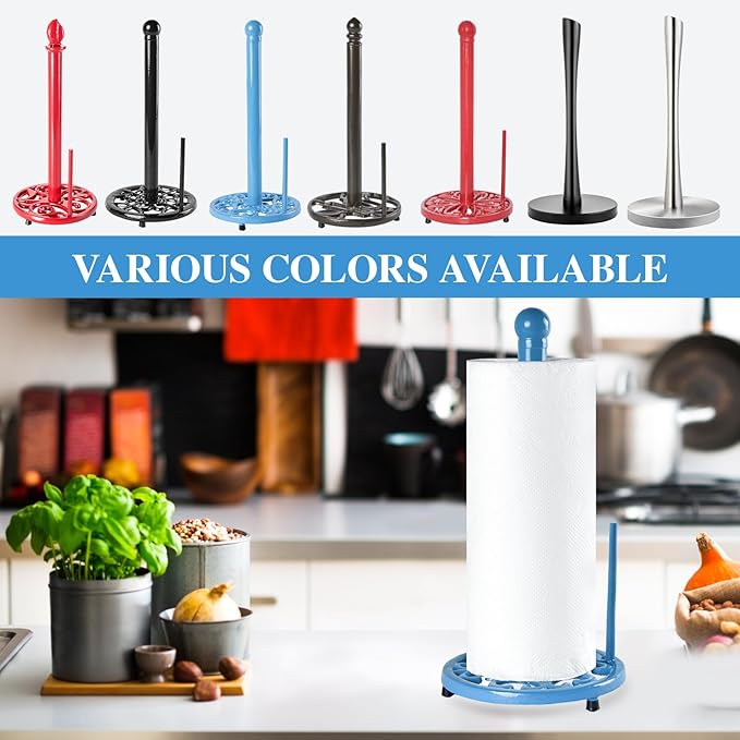 JOGREFUL Paper Towel Holder Stand, Cast Iron Kitchen Paper Towel Countertop Vintage Stand with Weighted-Base, Bathroom Organization for Family Standard Large Size Roll Paper, Classic Style, Blue