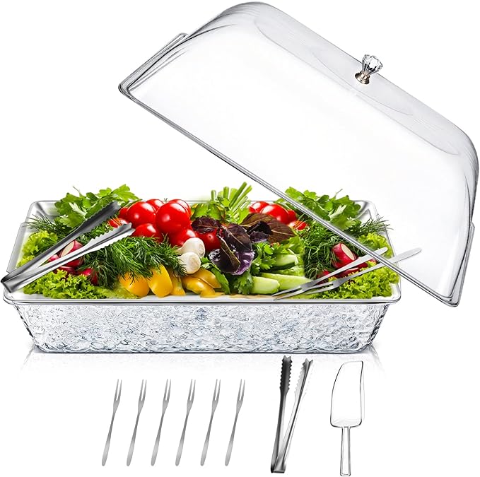Baderke 1 Set 16" x 9.45" Chilled Serving Tray for Parties with Compartments and Lid Charcuterie Serving Board Ice Rectangle Chilled Party Platter for Seafood Vegetable Fruit Shrimp Cocktail(Silver)