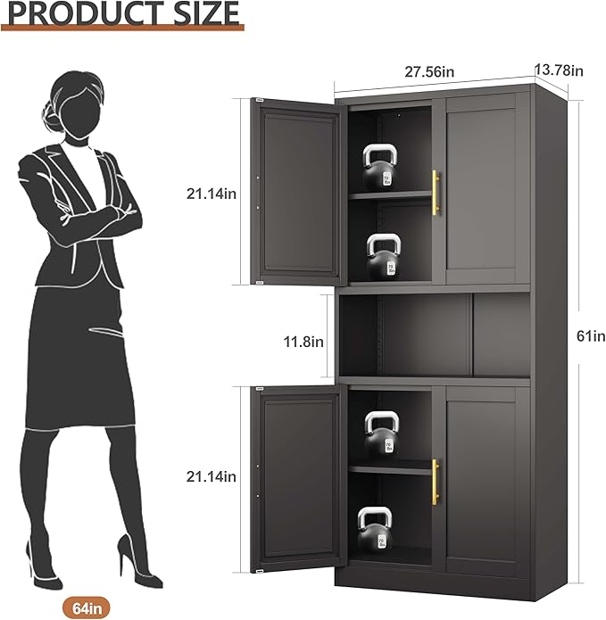 pozdeg 61.02" Kitchen Pantry Cabinet, Large Metal Storage Cabinet with 4 Doors and 1 Open Storage Compartment, Corner Display Organizer with 2 Adjustable Shelves for Kitchen Bedroom or Hallways