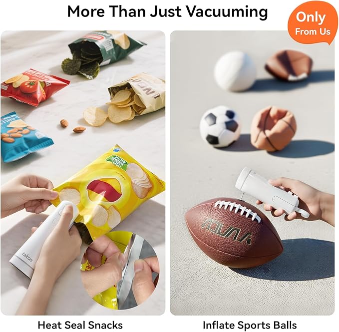 takoo 4-in-1 Portable Cordless Vacuum Sealer for Dry/Moist Food Storage with 4 Vacuum Bags, Heat Sealer for Chip Bags, Inflation Pump for Balls/Swim Ring