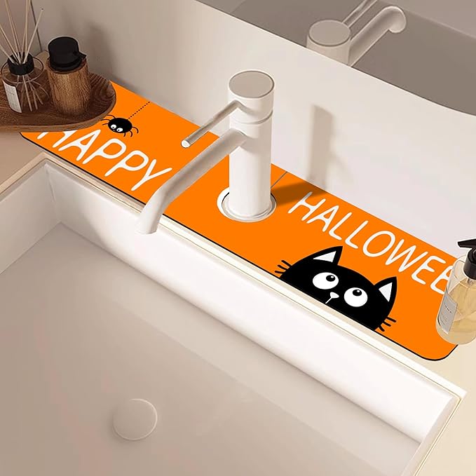 Halloween Cute Black Cat Kitchen Sink Splash Guard Mat Absorbent Fast Drying Mat Faucet Draining Mat Sink Splash Guard Behind Faucet Drip Catcher for Kitchen Bathroom 5.5"×24"