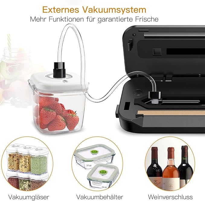 MegaWise Food Vacuum Sealer Machine – High-Power 80kPa Suction, One-Touch Operation, Built-in Cutter – Works with All Food Types, Includes Bags & Hose (Black), Keeps Food Fresh 5x Longer