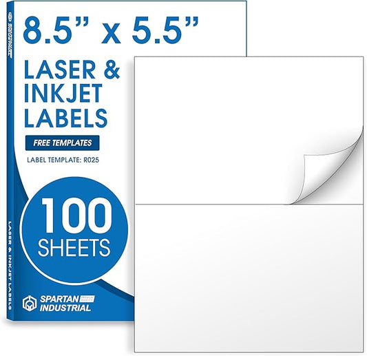 8.5" X 5.5" Printable Half-Sheet Shipping Labels for Inkjet and Laser Printers - 100 Sheets, 200 Custom Stickers for Mailing, Packages, and Address Labels - Spartan Industrial Template R025