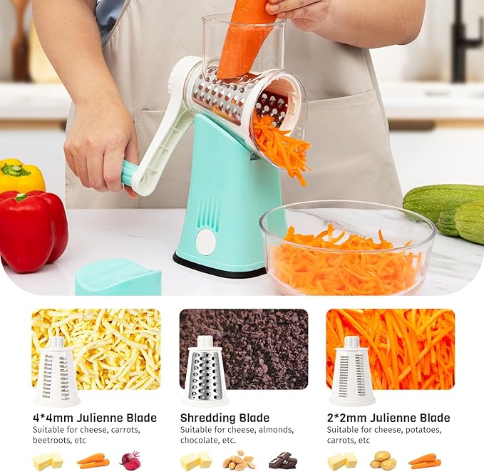 Nexsujo 5-in-1 Rotary Cheese Grater Hand Crank, Vegetable Slicer Shredder with 5 Interchangeable Blades, Graters for Kitchen, Safe Kitchen Tool for Cheese, Nuts, Blue