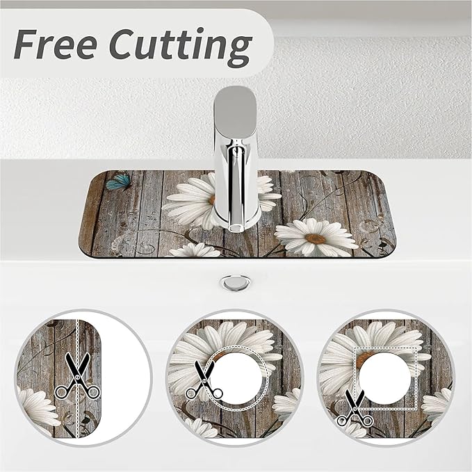 Kitchen Sink Splash Guard，Wooden,white daisies,butterflies Faucet Mat Sink Gadgets-Super Absorbent Fast Drying Mat Drip Catcher for Kitchen, Bathroom,Sink Mat, Dish Drying Mat, Bathroom(15" X 5.5" )