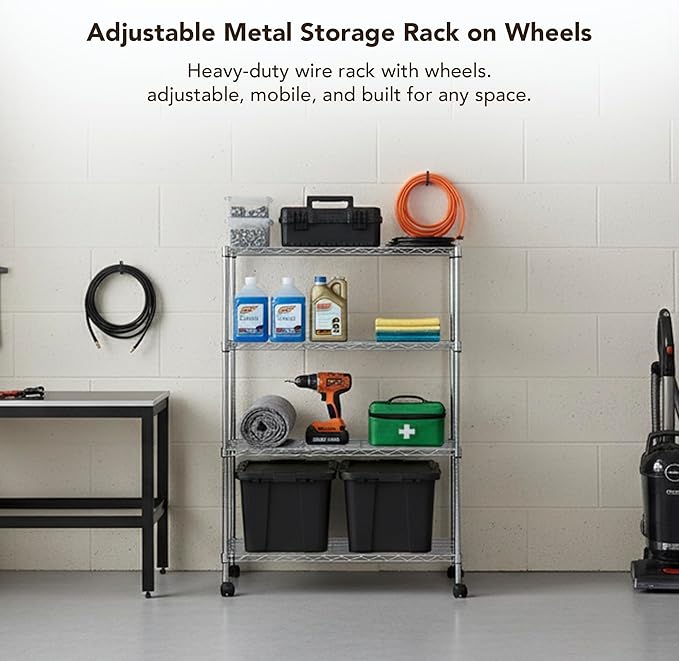 Heavy Duty 4 Tier Wire Shelving Unit Storage Rack, Metal Shelves Utility Organizers, Organization Units for Products, Plant, Pantry, Garage, Laundry Durable Shelf Stand, Chrome, 14"W x 30"L X 48"H