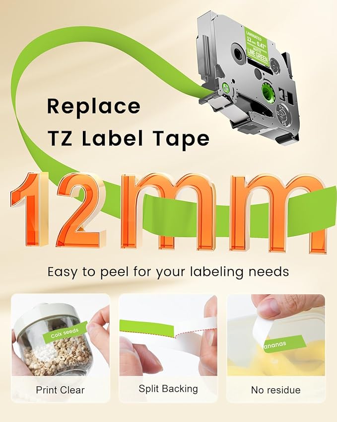 Tze-MQG35 Label Maker Tape Replacement for Brother P-Touch Label Tape White on Lime Green TZe Tz 12mm 0.47 Laminated Matte for Ptouch PT-D210 D220 D200 Refills, 12 mm(1 Inch) x 8m(26.2ft), 3 Pack