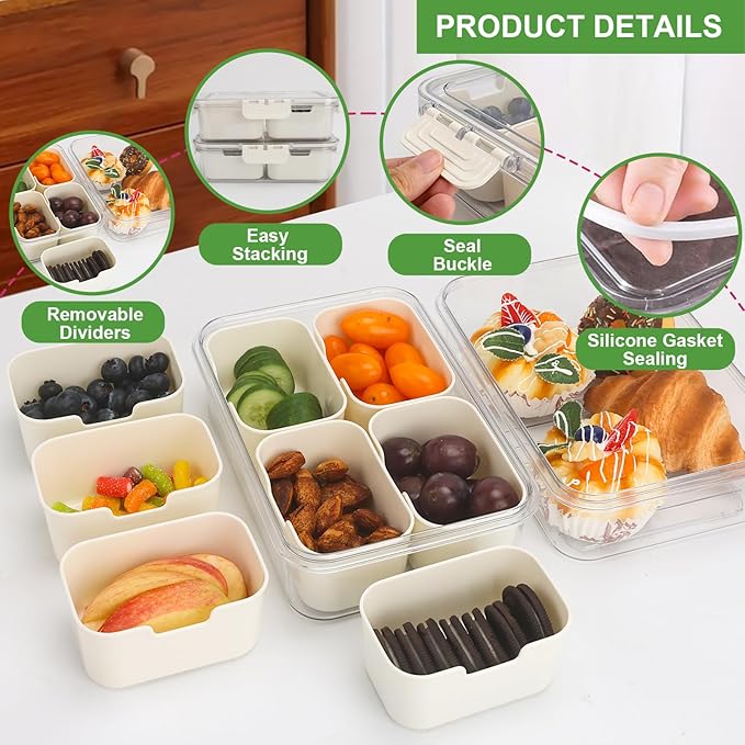 4 Compartment Snack Box Container Tray, Divided Serving Tray with Lid, Mini Small Snackle Box, Portable Charcuterie Container for Party, Picnic, Travel, Food Platter for Snack, Fruits, Veggies, 2 Pack