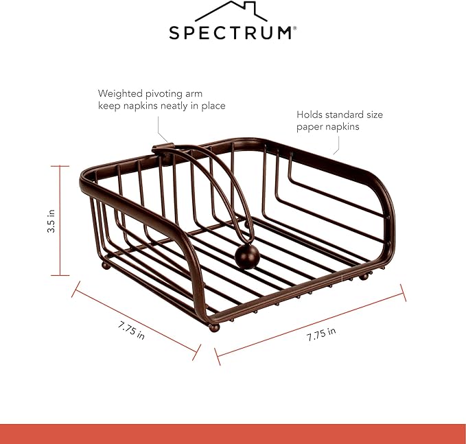 Spectrum Ashley Weighted Napkin Holder Flat Napkin Organizer with Weighted Tension Arm for Kitchen Countertop Dining Table Storage, Heavy Duty Steel Traditional Napkin Dispenser Home Decor, Bronze