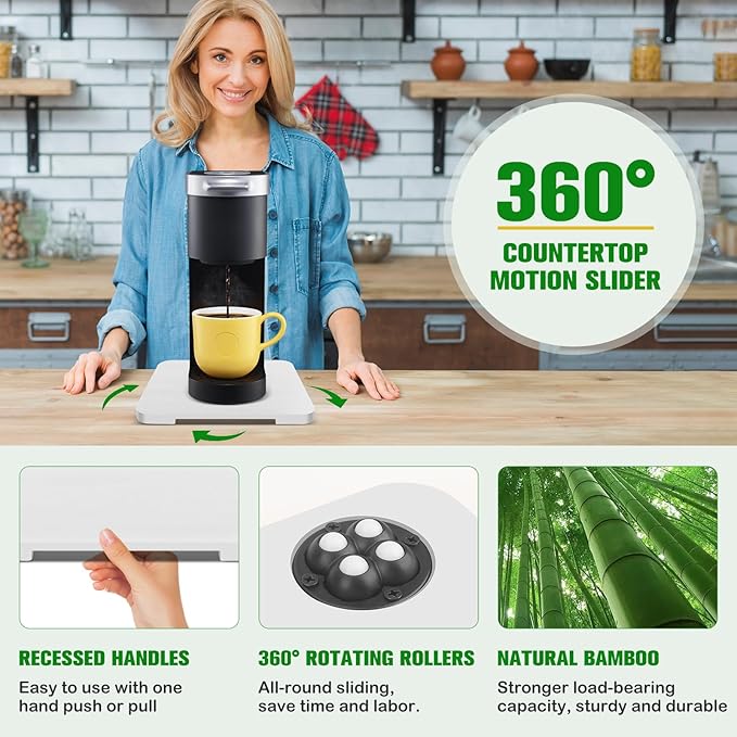 Appliance Slider 360° Rolling Tray for Coffee Maker- Bamboo Coffee Pot Slider Tray Countertop Rotation Sliding Tray with Wheels, Small Appliances Mat White (small 11.8" × 9.8" × 0.6")