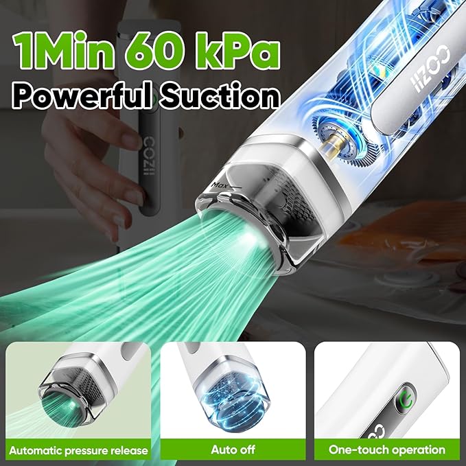 COZII Handheld Vacuum Sealer for Food, Preserve Compact Vacuum Sealer Machine with Visible Water Tank, 30 Bags Portable Food Saver, 60KPa Powerful Suction, 8X Fresh, Wireless & Rechargeable,White