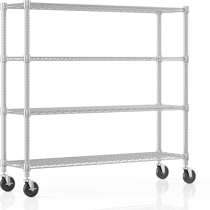 Homdox Heavy Duty Metal Shelves for Storage, 4 Tier Storage Racks and Shelving, Commercial Adjustable Wire Shelving Unit on Wheels, Garage Rack Pantry Shelves Kitchen Shelving, 18"x60"x72", Chrome