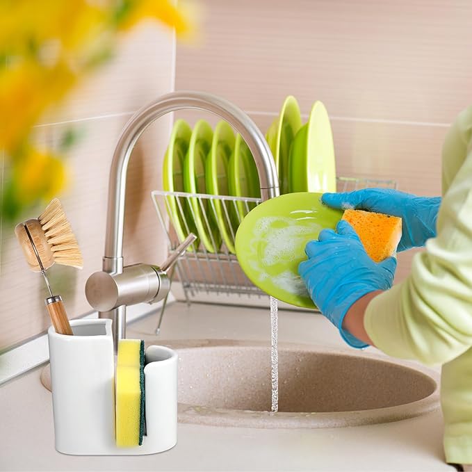 Geelin 2 in 1 Ceramic Kitchen Sink Caddy Dish Sponge Holder and Scrub Brush Holder for Kitchen Organizer Rustic Farmhouse Supplies