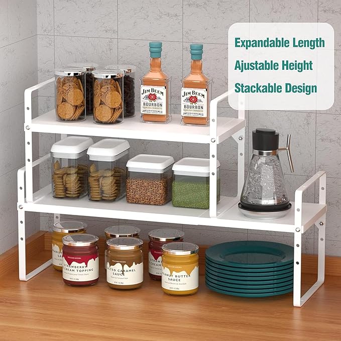 SUZLON Expandable Cabinet Shelf Organizer Rack, Stackable Kitchen Counter Storage Shelves Stand, Adjustable Height Pantry Shelf Spice Rack, Heavy Duty Nonslip White Large 3Pack