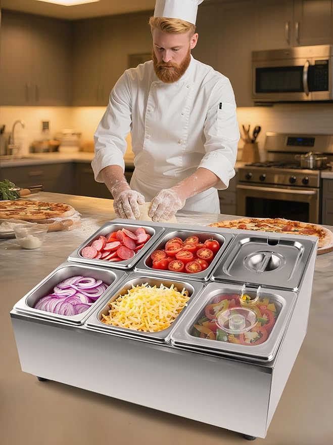 Lanstics Pizza Topping Station Pizza Storage Container Topping containers with Lids Spoon Condiment Organizers Buffet Containers Set for Restaurant Pizza Sauce Jam Fruit Ingredient (6 Pans)