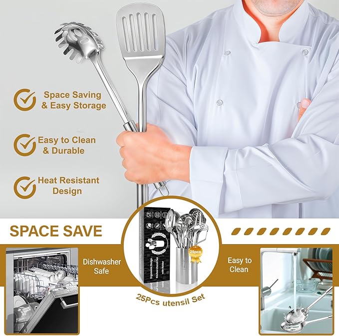 Stainless Steel Cooking Utensils Set, 25pcs Kitchen Utensils Set with Holder, Heat Resistant Kitchen Utensils Sets for Cooking with Turners, Potato Masher, Skimmer, Spoons, Tongs, Whisk