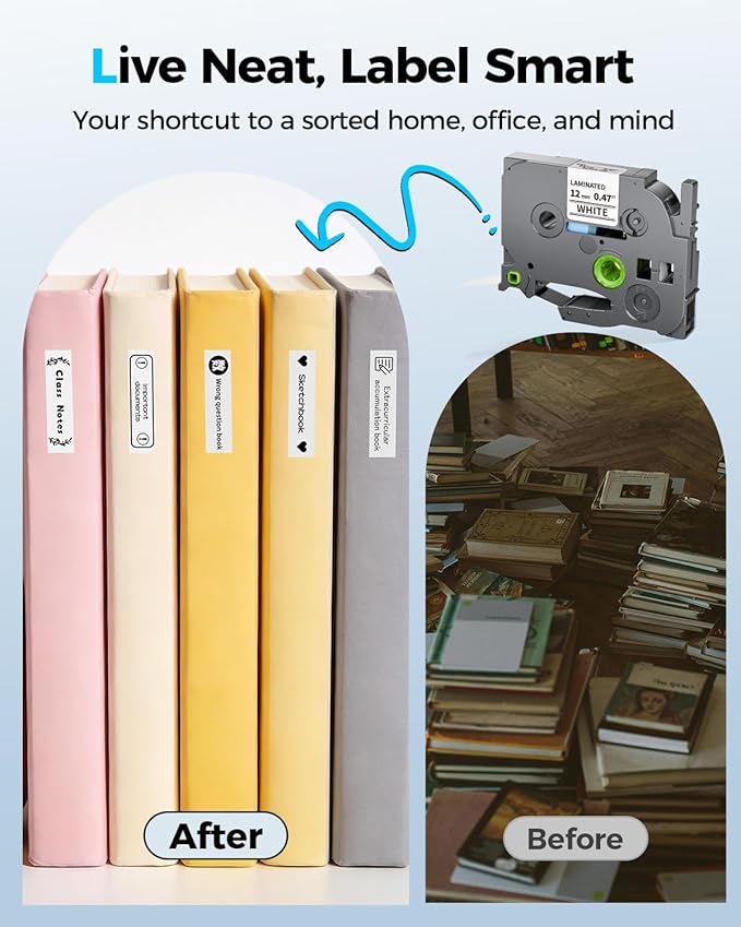 Colorty Replace for Brother P-Touch Label Tape Tze 12mm 0.47 Laminated White TZe-231 Ptouch Label Maker Refills AZe TZ Tape for PT-D210 PTD220 D200 H110 H110BP Labelmaker, 1/2"(12 mm) x 23ft, 5 Pack