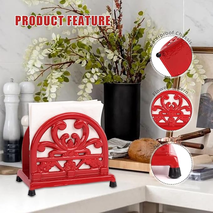 MINLUFUL Vintage Cast Iron Napkin Holder for Table, Upright Paper Napkins Dispenser for Kitchen Restaurant Cocktail Bar with Red Flower Pattern Decor
