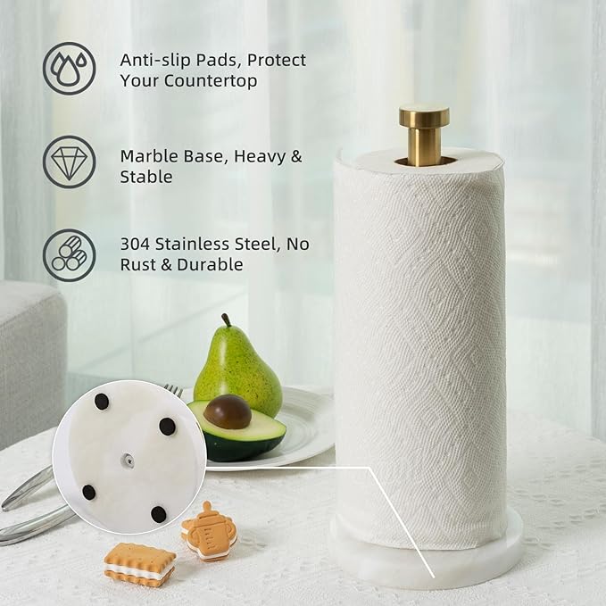 Koville African Genuine Marble Paper Towel Holder Countertop, 6" Stone Base Gold Rod Paper Towel Holder Stand for Kitchen Storage, for Standard or Jumbo-Sized Rolls